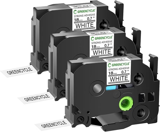 GREENCYCLE Extra Strength Adhesive Black on White Label Tape Compatible for TZE-S241 TZS241 AZES241 3/4" 18mm for PT2730, PTD400, PTD400AD, PTD400VP, PT-D450, PTD600, PTP700, PTP710BT-3 Pack
