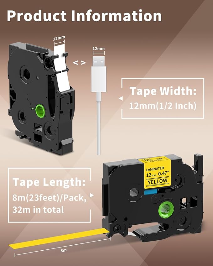 Oozmas Label Tape Yellow Replacement for TZe-631 Brother Label Maker Tape 12mm 0.47 TZE631 TZ Tape Laminated Ptouch Black on Yellow Compatible with Brother P-Touch Label Tape PTD210 PTH110, 4Pack