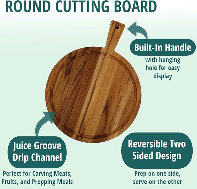 EcoDecors 16" Round Teak Cutting Board with Handle, FSC Certified Solid Wood, Edge Grain with Juice Groove, Carving Board for Meat & Kitchen Use
