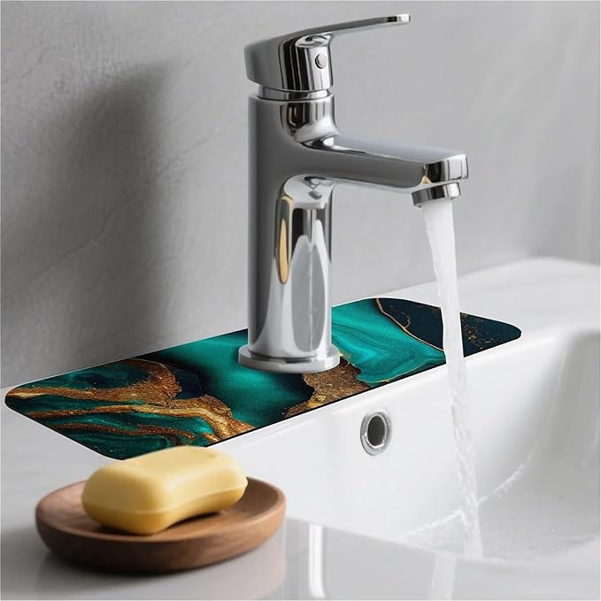 Kitchen Sink Splash Guard，Cyan and gold marble Faucet Mat Sink Gadgets-Super Absorbent Fast Drying Mat Drip Catcher for Kitchen, Bathroom,Sink Mat, Dish Drying Mat, Bathroom(15" X 5.5" )