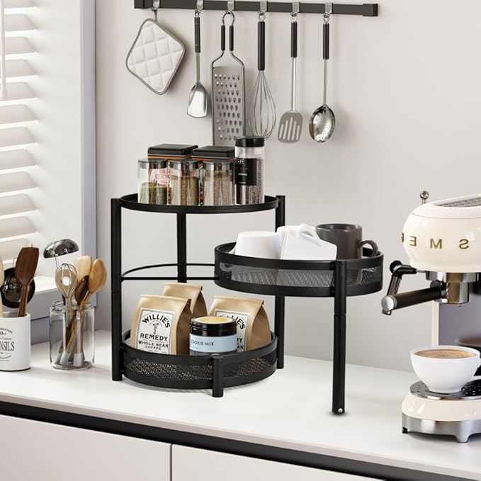 IBERG 3 Tier Spice Rack with Rotating Middle Tier, Mesh Steel Countertop Organizer for Kitchen, Coffee Bar & Bathroom (Black)