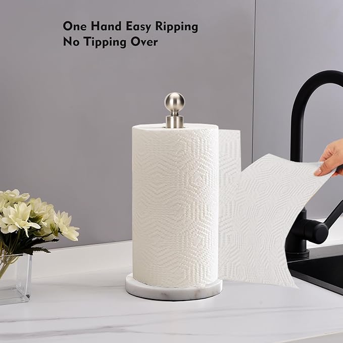 Paper Towel Holder Countertop, Standing Paper Towel Roll Holder for Kitchen Bathroom, with Weighted Base for One-Handed Operation (Marble Base, Brushed Nickel)
