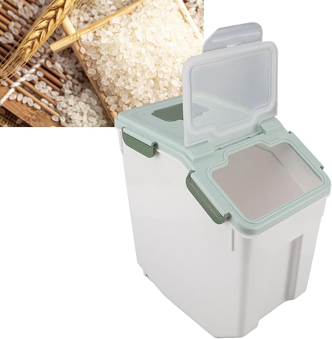 Rice Container, Airtight Flour Container Food Storage Container Thickened Rice Storage Bin Dry Food Dispenser with Easy Open Lid for Kitchen Grain Flour Snacks (Mint Green) (15kg