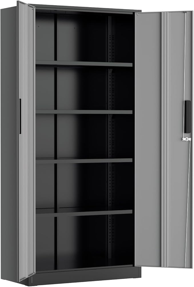 Greenvelly Metal Lockable Storage Cabinet, 72” Storage Cabinet with 2 Doors and 4 Adjustable Shelves for Office, Home, Garage, Pantry (Assembly Required, Black Grey)