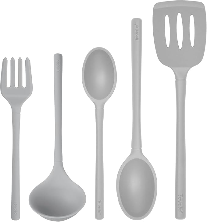 Tovolo Flex Core Silicone Cooking Utensils Set of 5 Slotted Turner Spatula Spoons Fork Ladle Non Stick Dishwasher Safe Heat Resistant Kitchen Tools for Cooking Baking Serving Food Prep Oyster Gray