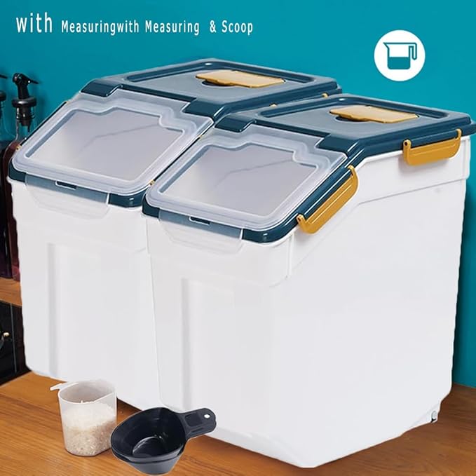 Large Flour Storage Container Bin 25lb, 2Pack Airtight Rice Storage Containers with Measuring Cup&Scoop, BPA Free with Wheels Seal Locking Lid for Flour, Rice, Grain (50LBS Total, Blue)