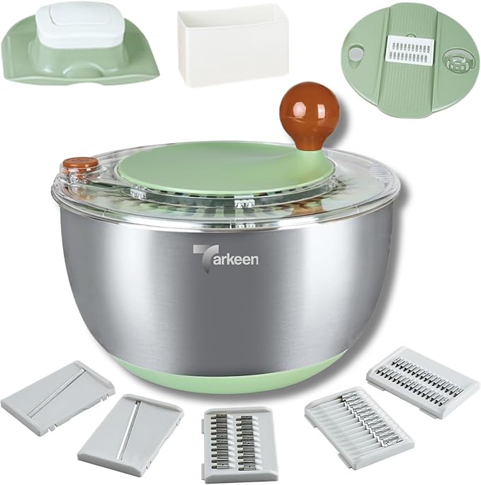 Tarkeen Stainless Steel Salad Spinner Large, BPA-Free Lettuce Spinner, 3-in-1 Salad Bowl & Fruit Cleaner with Non-Slip Base, Dishwasher Safe, 5 Blade Slicer & Egg Yolk Separator, 5.3Qt