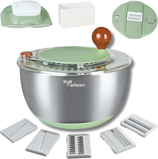 Tarkeen Stainless Steel Salad Spinner Large, BPA-Free Lettuce Spinner, 3-in-1 Salad Bowl & Fruit Cleaner with Non-Slip Base, Dishwasher Safe, 5 Blade Slicer & Egg Yolk Separator, 5.3Qt