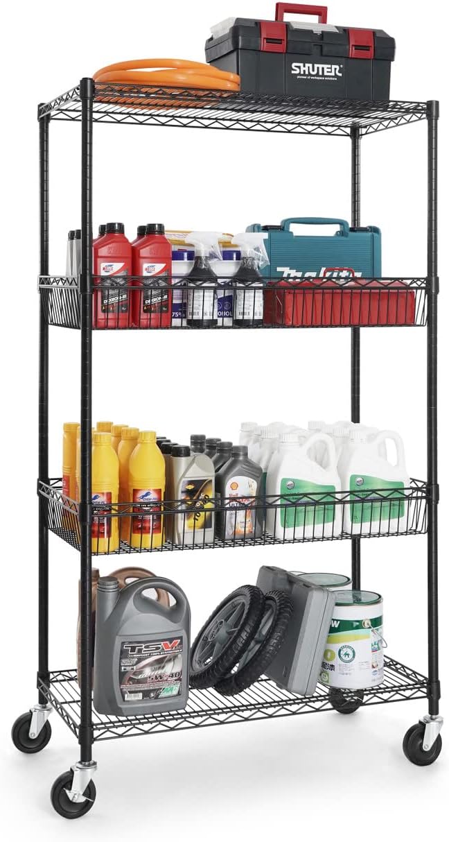 CAPHAUS NSF Commercial Heavy Duty 4 Tier Wire Shelving w/Two Rectangle Baskets, Wheels, Leveling Feet, Storage Metal Shelf, Basement Garage Shelving, Utility Wire Rack Storage Black