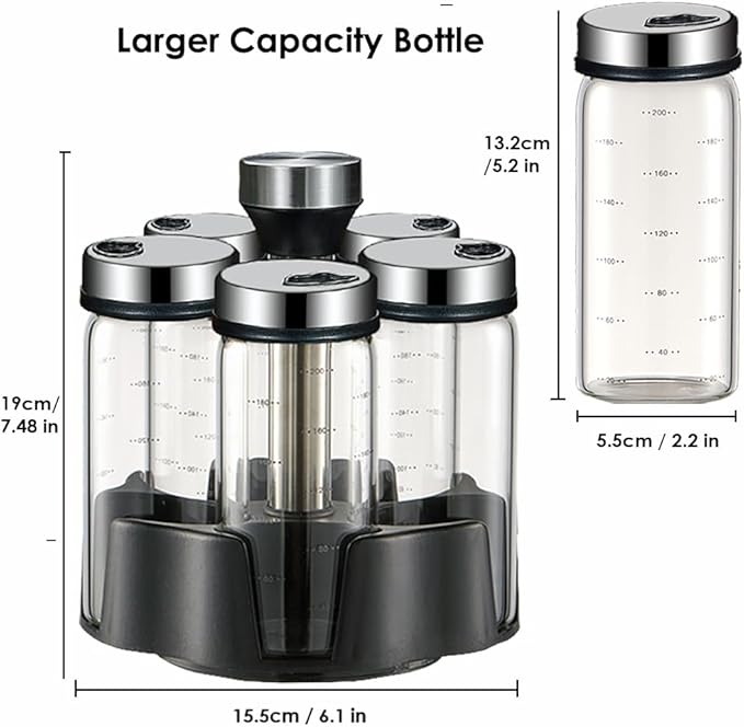 TINMIX Revolving Spice Rack Organizer, Rotating Seasoning Holder Shelf for Kitchen Countertop Cabinet, 4 Large 200ml Glass Jars + 1 Oil Dispenser Bottle