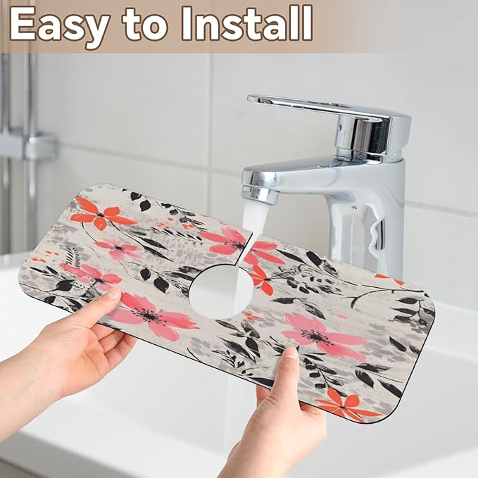 Gray Background Floral Kitchen Faucet Mat Splash Guard, 15.4”x5.7” Absorbent Quick Drying Sink Mat for Countertop Protection, Draining Mat Sink Protectors For Kitchen Bathroom, 2 Pack