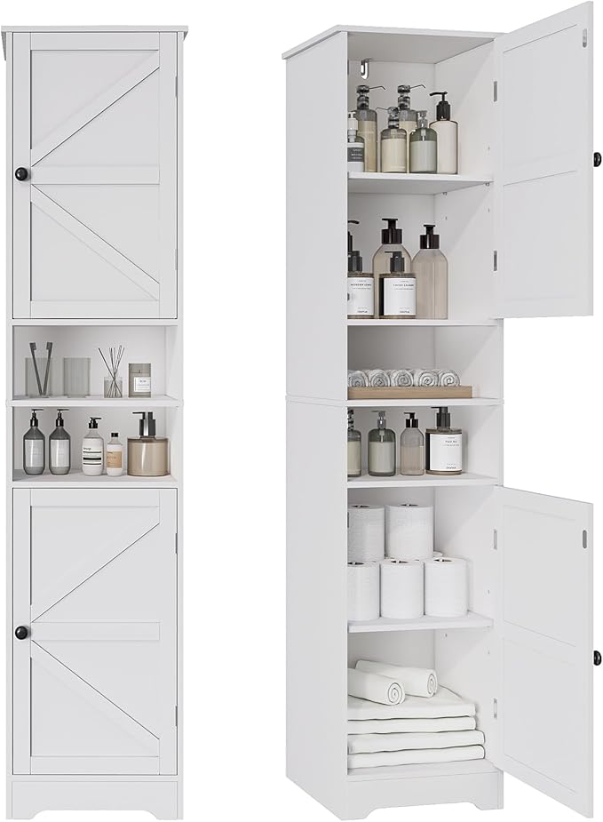 Viaozutis Tall Bathroom Storage Cabinet, Vertical Freestanding Organizer with Adjustable Shelf, Slim Design for Small Bathrooms, Towels & Toiletries Storage（White）