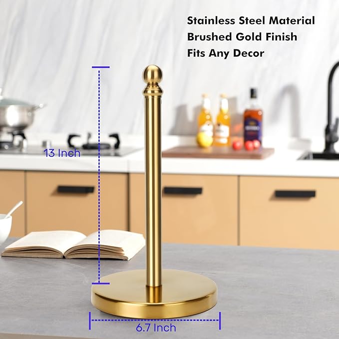 Exilon Gold Paper Towel Holder Countertop with Weighted Stainless Steel Base, One-Handed Design No Tipping Over, Standing Paper Towel Holder Standing in Brushed Gold Finish