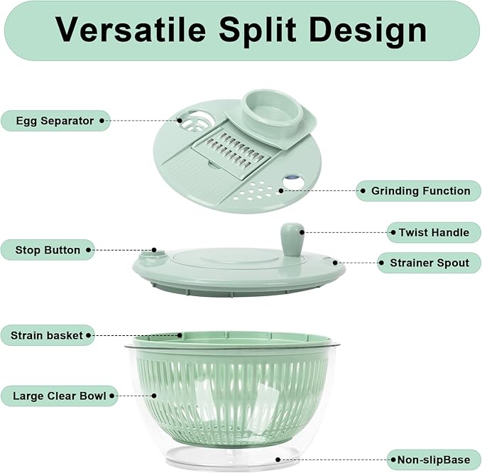 Multi-Use Large Salad Spinner, 5.3 Qt Vegetables Fruits Wash Spinner Bowl,Lettuce Dryer with 5 Blades,Egg Yolk Strainer Slicer Shredder, Salad Bowl for Efficient Preparation-Green
