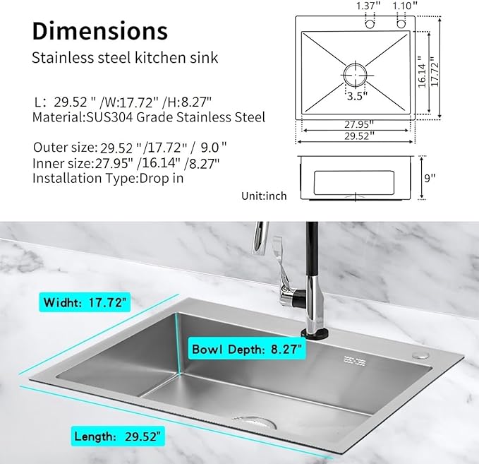 30 Inch Kitchen Sink Drop in Stainless Steel Top Mount Sink with Brushed Finish, Single Bowl Workstation Sink with Basket Strainer and Kitchen Sink Organizer,29.5"D x 17.7"W x 8.3"H