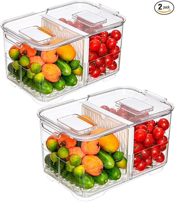 Lettuce Keeper Fridge Food Storage Container, Fresh Produce Saver Organizer Keeper Bins with Lids and Removable Drain Tray for Refrigerator Freezer Cabinet Kitchen 2800ML, 2 Pack