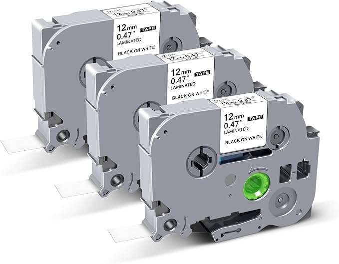 3-Pack Tz Tape 12mm 0.47 Laminated White Replace for Brother TZ 0.13-0.47 3.5-12mm Label Maker Refills TZe-231 TZe 231, for P Touch PT-H100 PT-D210 PT1750 PT-1090, PT-D400, Black on White
