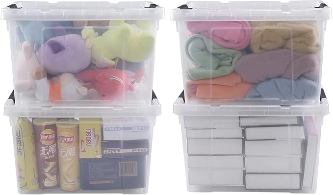 Obstnny 34 Quart Lidded Storage Bins 4 Packs, Plastic Latching Box with Wheels, Clear