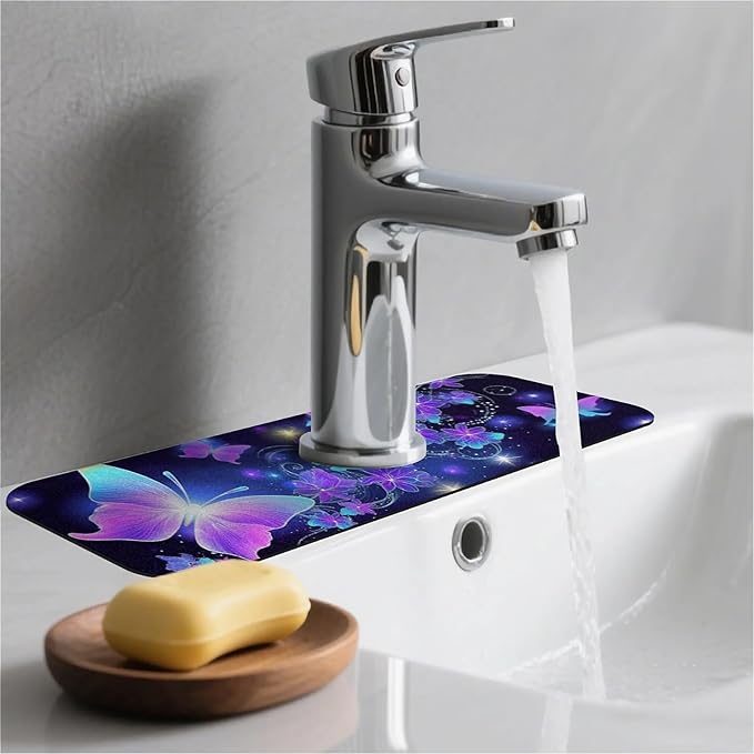 Kitchen Sink Splash Guard，Neon Butterfly Faucet Mat Sink Gadgets-Super Absorbent Fast Drying Mat Drip Catcher for Kitchen, Bathroom,Sink Mat, Dish Drying Mat, Bathroom(15" X 5.5" )