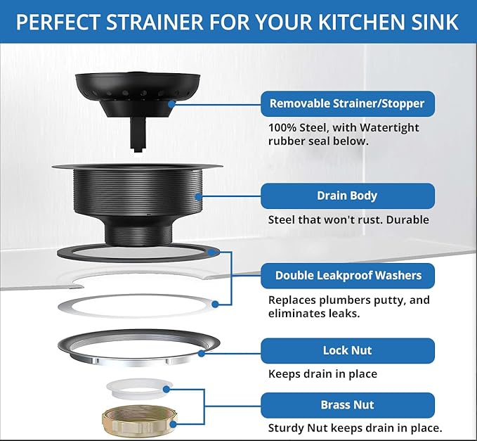 3-1/2 Inch Matte Black Kitchen Sink Drain Kit - Complete Black Kitchen Drain Assembly - Black Stainless Steel Strainer Basket Included - Fits 3.5" Standard Kitchen Sink