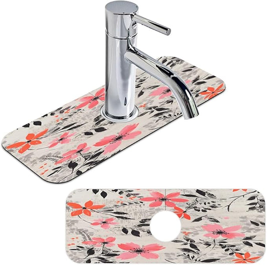 Gray Background Floral Kitchen Faucet Mat Splash Guard, 15.4”x5.7” Absorbent Quick Drying Sink Mat for Countertop Protection, Draining Mat Sink Protectors For Kitchen Bathroom, 2 Pack