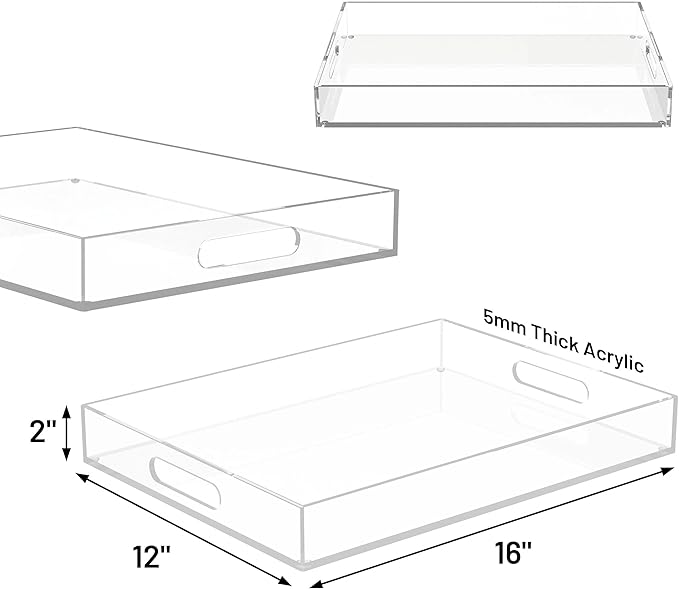 ATZYmolin 16"x12" Large Acrylic Serving Tray Decorative Ottoman Coffee Table Vanity Tray Tea Fruit Platter Snack Appetizer Dessert Drink with Handles for Bar Kitchen Party, Clear