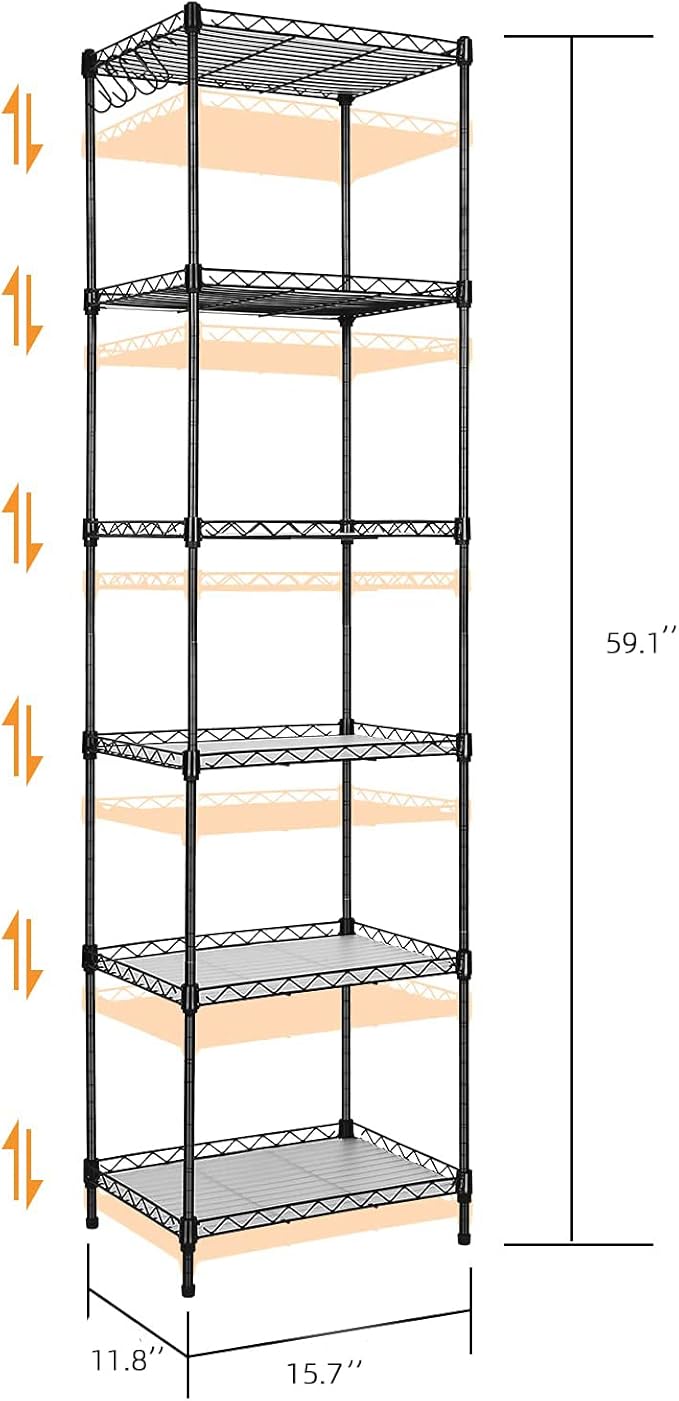 Best 6-Tier Wire Shelving - Heavy Duty Shelf - Kitchen Storage Shelves, Wire Shelving Unit with Baskets Storage Rack Corner Shelf Shelving Adjustable Storage Shelf, 11.8" D x 15.7" W x 59" H-,Black
