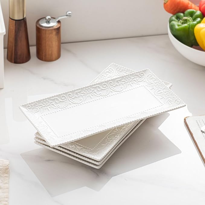 MVYAVYUS Rectangular Embossed Serving Platter Set, 12 Inch Large Serving Plates, Stackable Serving Tray for Wedding, Ceramic White Serving Platters for Entertaining, Dishwasher & Oven Safe (4PCS)