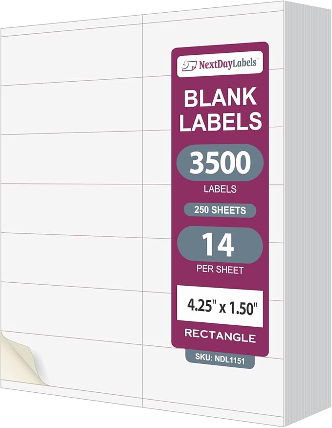 NextDayLabels 4.25x1.5 Inch Rectangle Stickers White Blank Labels for Laser Inkjet Printer - 14 Per Sheet Self-Adhesive Unique Size Label Made in USA - 3500 Labels