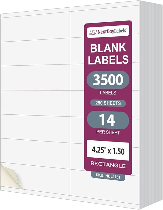 NextDayLabels 4.25x1.5 Inch Rectangle Stickers White Blank Labels for Laser Inkjet Printer - 14 Per Sheet Self-Adhesive Unique Size Label Made in USA - 3500 Labels