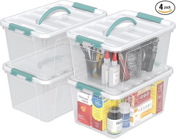 4 Pack Clear Latching Boxes, 12 Qt Plastic Storage Bin with Lid and Handle