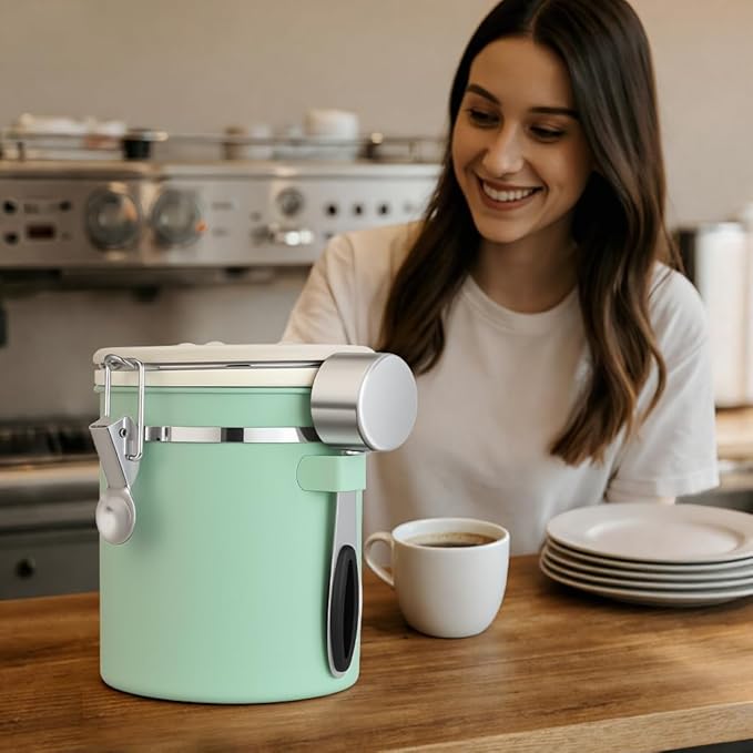 ShanSon Coffee Canister Airtight Coffee Container Stainless Steel Coffee Bean Storage Container with Scoop Coffee Canister for Beans Grounds Sugar Flour Tea Cereal,16OZ,Green