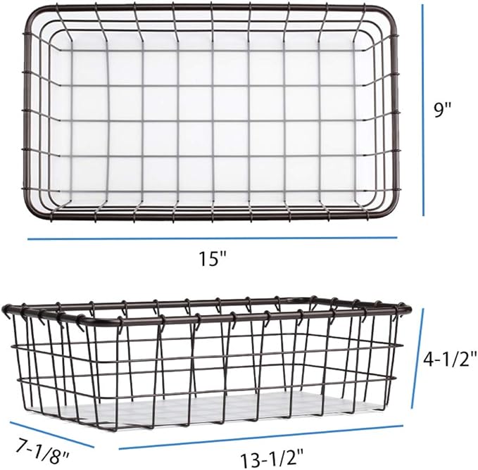 TimberAura 4 Pack Large Wire Baskets, 15" x 9" Metal Wire Basket for Pantry Organizers, Kitchen, Bathroom, Office, Stackable Storage Baskets, Bronze