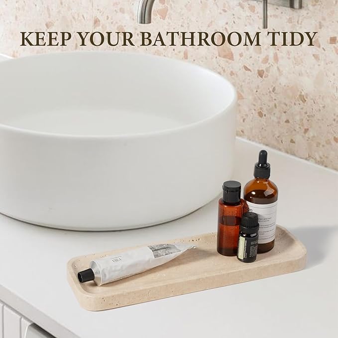 Koville Marble Tray, 12"x4" Marble Vanity Tray for Bathroom Kitchen Countertop Sink, Natural Stone Tray for Home Decor, Decorative Rectangular Narrow Catchall Tray for Jewelry Perfume