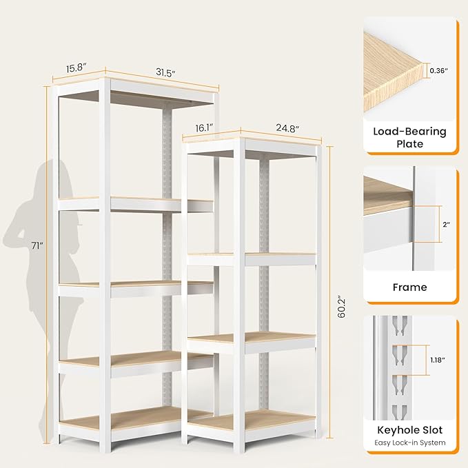 4 Tier Metal Shelves Unit, Adjustable Pantry Organizers and Storage Shelves, Shelving Unit for Closet with Clothes Rod, Storage Rack for Pantry, Laundry, Kitchen - White & Wood Color