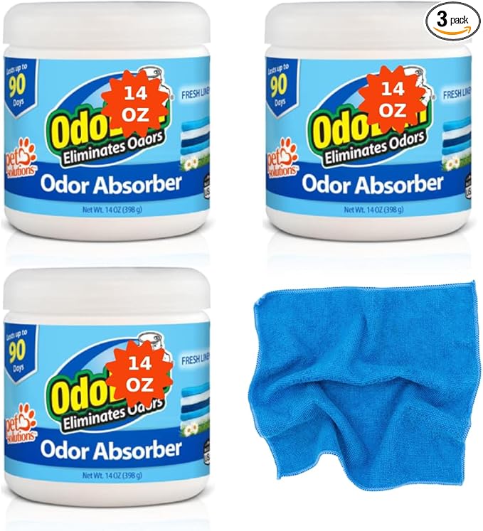 Odo-Baan Solid Odor Absorber Eliminator for Home and Small Spaces, Pet Solutions, Fresh Linen Scent, 14 Ounces Each, 3-Pack + Blue Microfiber Cloth