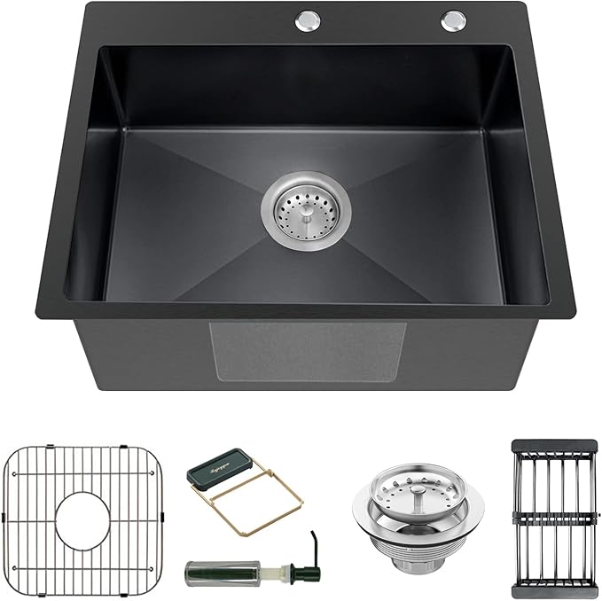 Black 22x18 Inch Kitchen And Bar Sink-Stainless Steel Drop In Single Bowl Topmount Kitchen&Bar Sink Combo-Sink Grid,Soap Dispenser,Drain Basket,Strainer Mesh,Drain Strainer Set for Modern Kitchen Sink