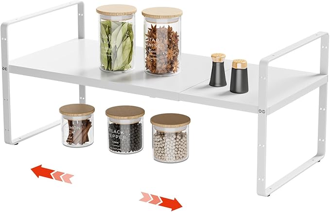 DPZM 16.5-27’’L Expandable Stackable Cabinet Shelves, Adjustable Spice Rack Cabinet Shelf Organizer for Kitchen, Countertop, Pantry and Cupboard, White