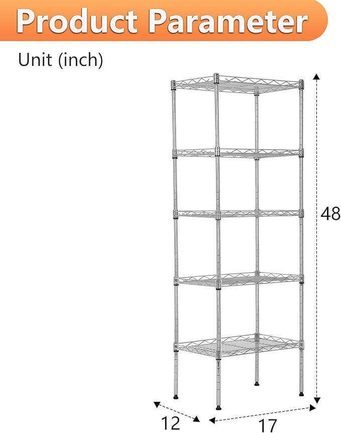 BestOffice | 5-Tier Wire Storage Shelves | 17x12x48 | Chrome | with Adjustable Racks | Heavy-Duty Metal Shelf, Holds Upto 750 lbs | No-Tool Assembly | Ideal for Home & Garage Shelving