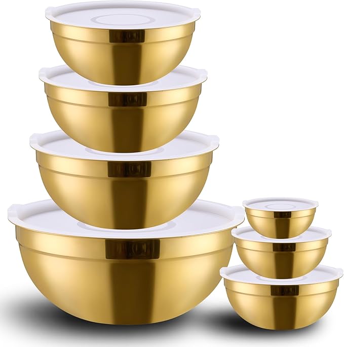 LKTDYMEG Gold Mixing Bowls with Lids Set of 7, Stainless Steel Nesting Bowl with Khaki Lid for Non-slip Mixing Prepping Storing Serving, 7 Sizes-7/3.6/2.7/2.1/1.5/1/0.8 QT