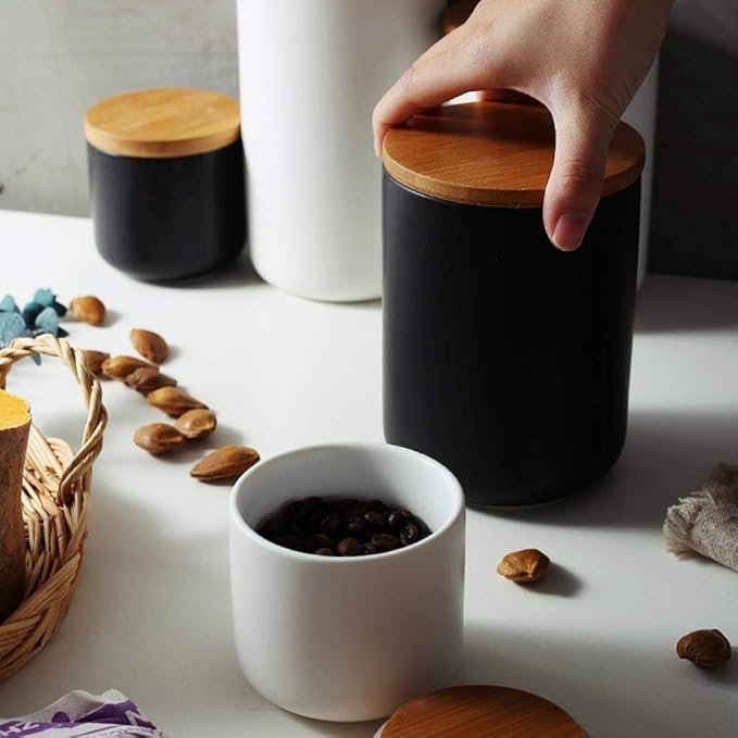 MilkyWay Food Storage Jar Strong Ceramic Storage Canisters with Airtight Seal Bamboo Lid Modern Design Seal Damp-Proof Kitchen Jar for Coffee, Tea, Spice and More (Black(S: 8.7oz/260ml))