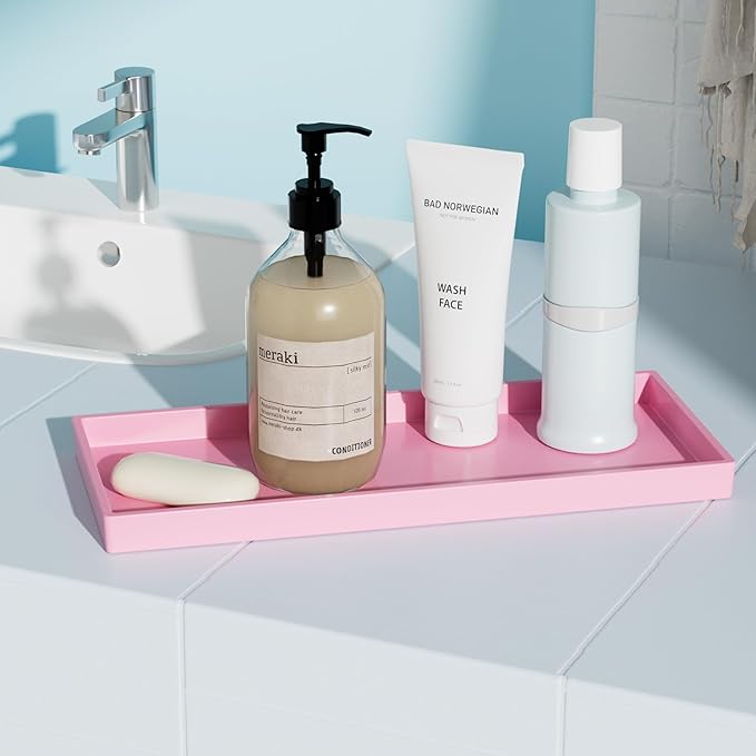 Mriluvy Vanity and Bathroom Tray, 11.8" ABS Countertop Organizer,Waterproof Vanity Tray for Toilet Tank,Perfume,Soap,Keys,Bathroom Accessories,Kitchen and Bath Trays,Non Slip Small Trays,Pink