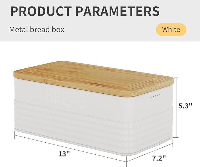 Furshus Bread Box for Kitchen Countertop,Metal Bread Storage Bin with Bamboo Cutting Board Lid, Includes Bread Knife, Fits Sourdough & Buns, Stylish Organize (White)