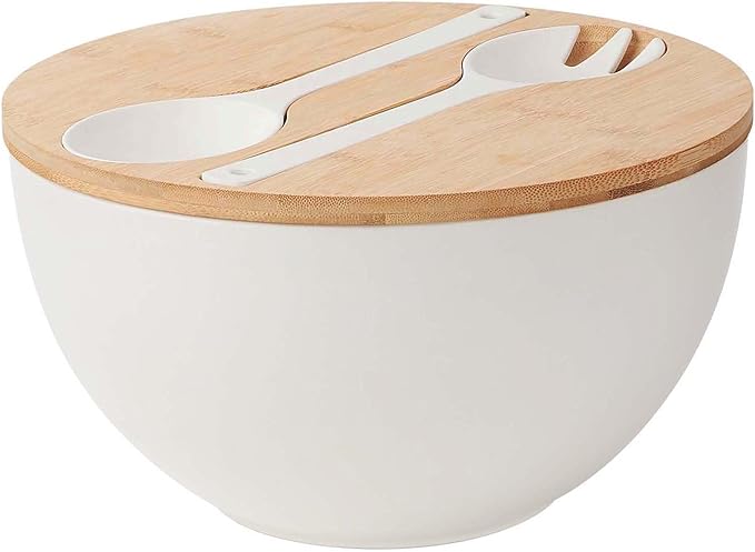 ECOHAGOU 11.3" Extra Large Salad Serving Bowl Set with Wooden Lid&Utensils, 6.5Qt., Bamboo Fiber Salad Bowl with Servers for Kitchen, Lightweight Big Bowl for Mixing Salad,Fruit,Pasta - Matte White