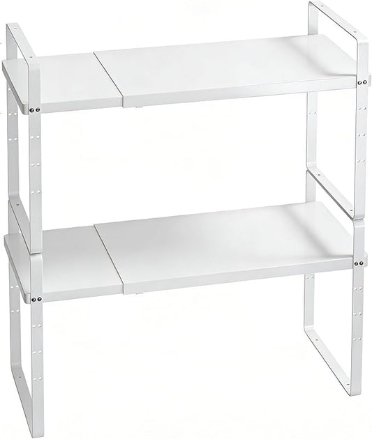 KIKIBRO Expandable Cabinet Shelf Organizer, Stackable Kitchen Pantry Counter Storage, Adjustable Closet Cupboard Stand Rack Risers Spice Organization 80LBS Heavy Duty White Large 2 Pack