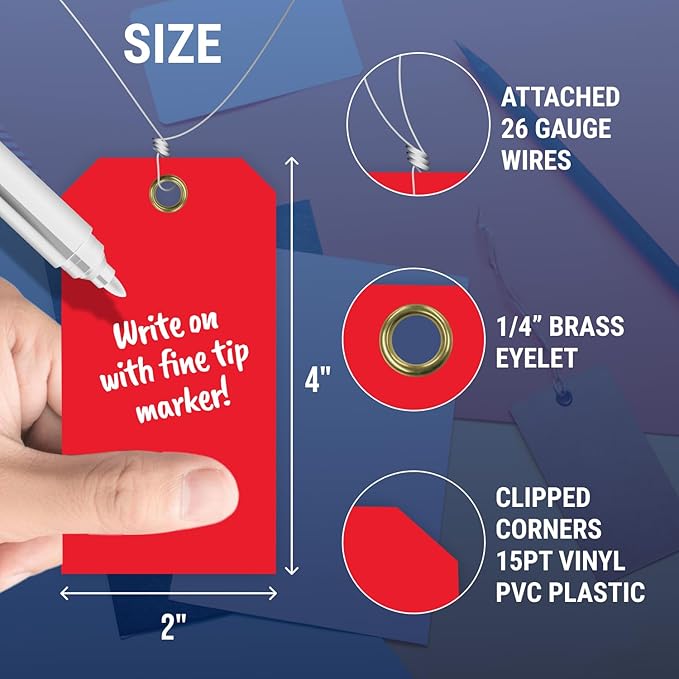 Tags 4 Less 15 Mil Blank Plastic Hang Tags with Attached Wires – 2" x 4" Heavy Duty Waterproof Hanging Labels for Outdoor Tagging, Equipment, Luggage, Valves & More (Red, Pack of 50)