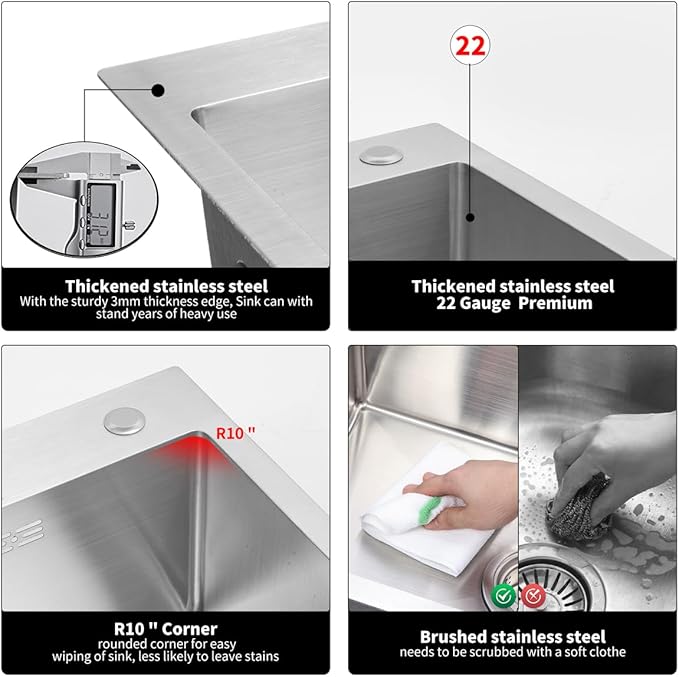 24 inch Kitchen Sink Drop in Stainless Steel Top Mount Sink with Brushed Finish, Single Bowl Workstation Sink with Basket Strainer and Kitchen Sink Organizer 23.6"D x 17.7"W x 8.3"H