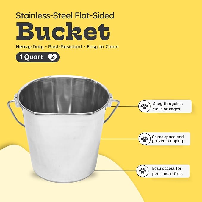 Flat Sided Stainless Steel Bucket, 1 Quart (0.25 Gallon) Hanging Feeding Pail for Small Pet Dogs Cats Birds, Fits Kennels Cages Compatible, Heavy Duty Food & Water Feed, 5" Silver Buckets