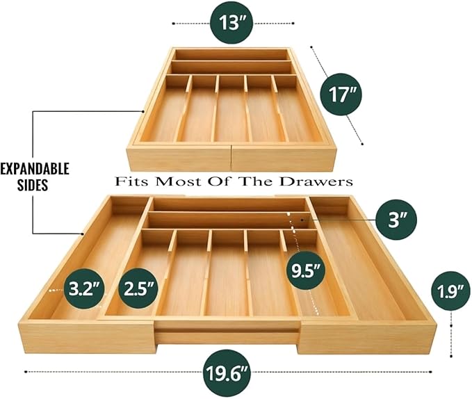 Forestroot Bamboo Drawer Organizer – Expandable 9 Slot Silverware & Utensil Tray for Kitchen, Office & Kitchen –Fits 13”–19.6” Drawers, Natural Bamboo Wood, Deep Compartments - Durable & Eco-Friendly