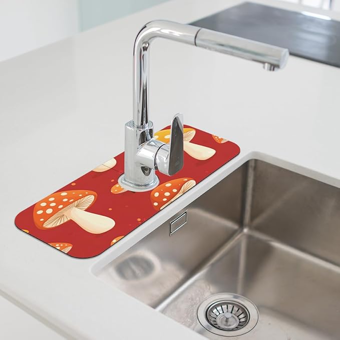 1 PC 15.4*5.7 Inch Absorbent Faucet Mat for Kitchen Sink Diatom Mud Tailored Sink Splash Guard for Bathroom Kitchen Red Mushroom